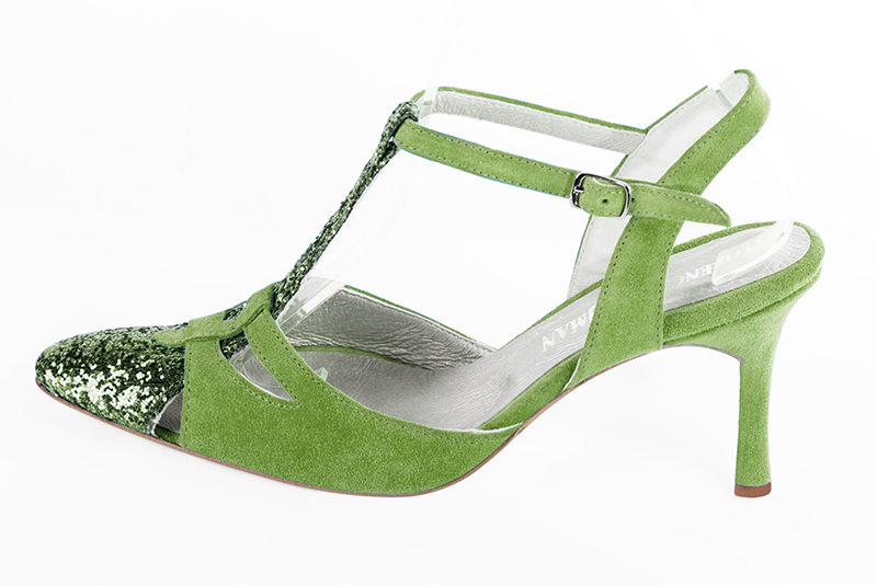 Mint green women's open back T-strap shoes. Tapered toe. High slim heel. Profile view - Florence KOOIJMAN